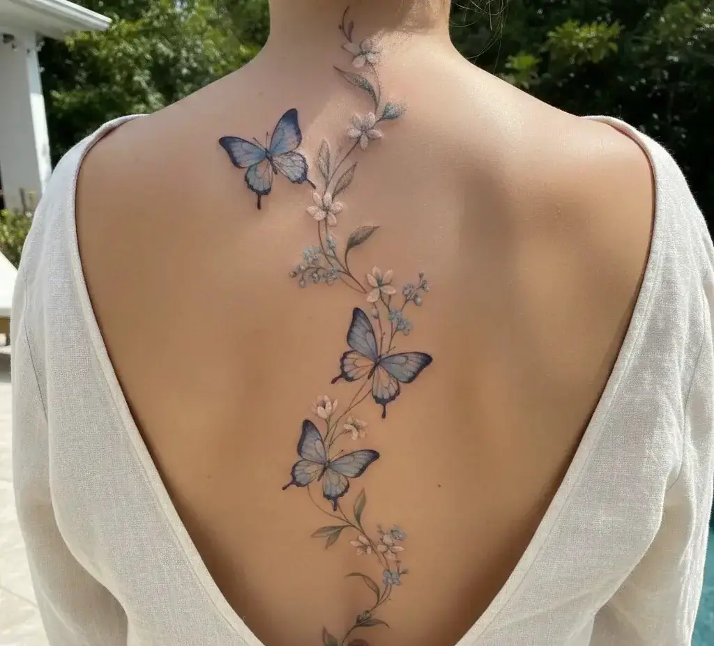 Floral Butterfly Spine Tattoo