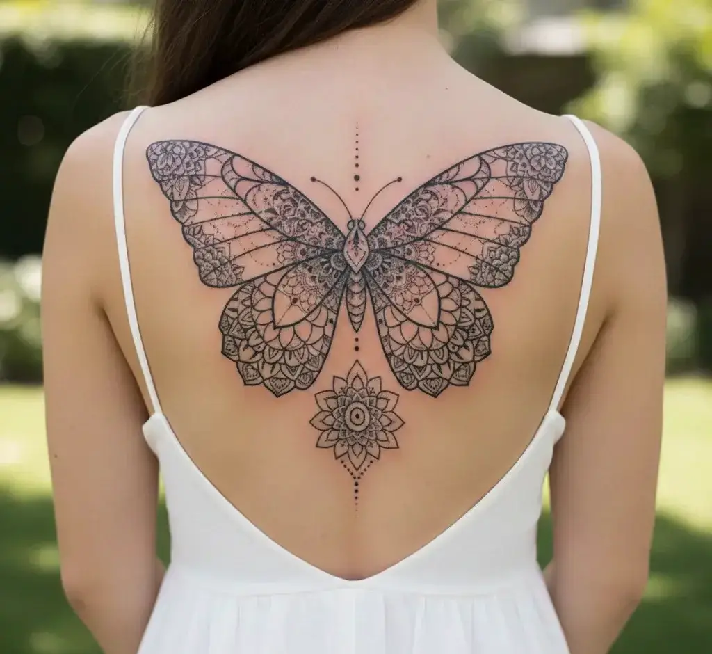 Mandala Butterfly Spine Tattoo