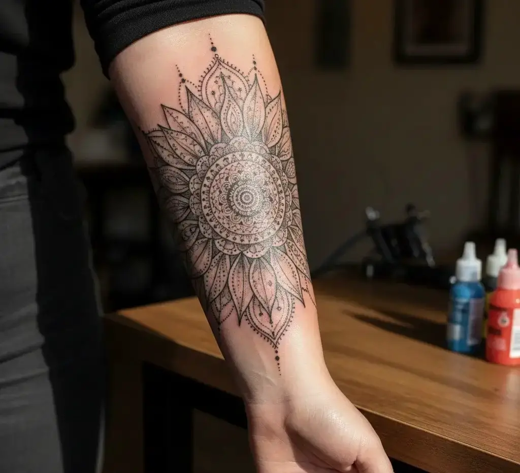 Mandala Sunflower Forearm Tattoo