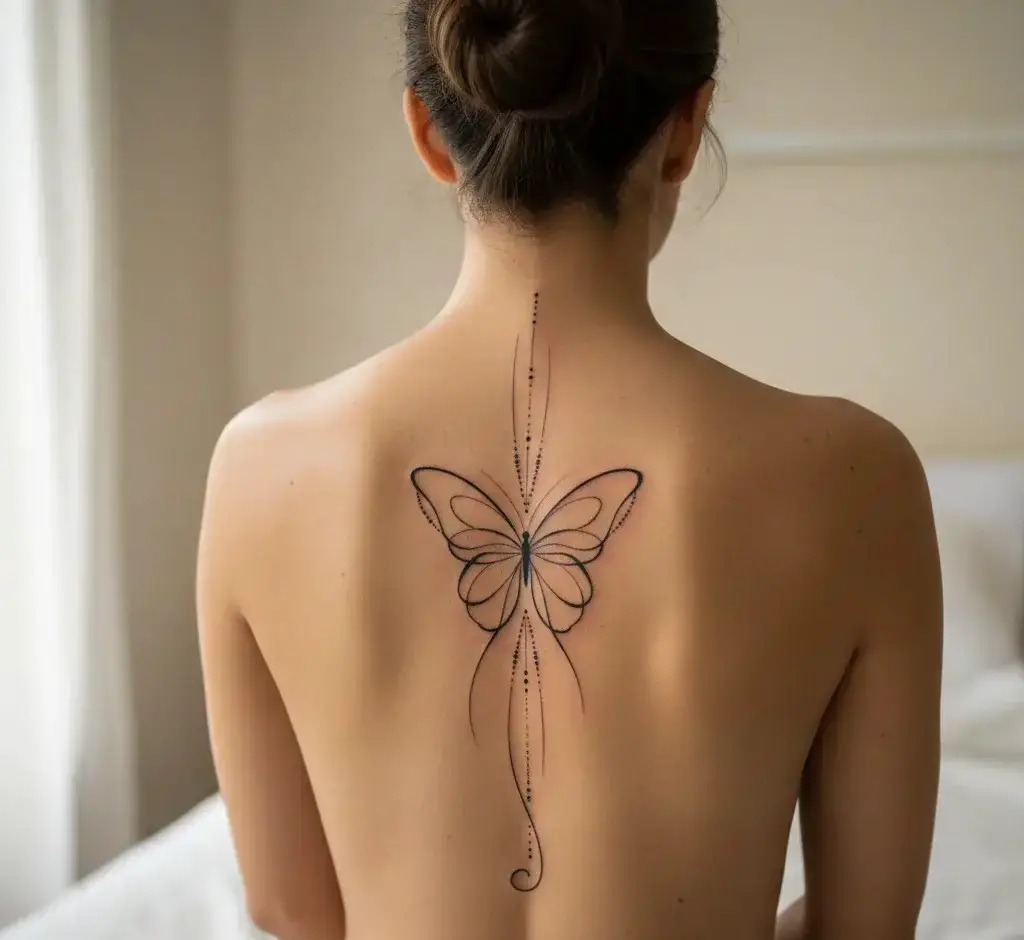 Single Line Butterfly Spine Tattoo