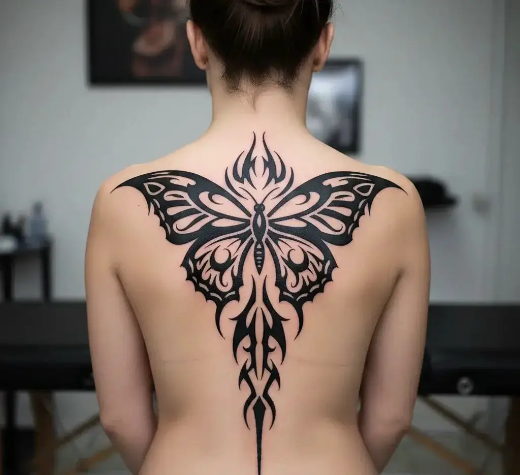 Tribal Butterfly Spine Tattoo