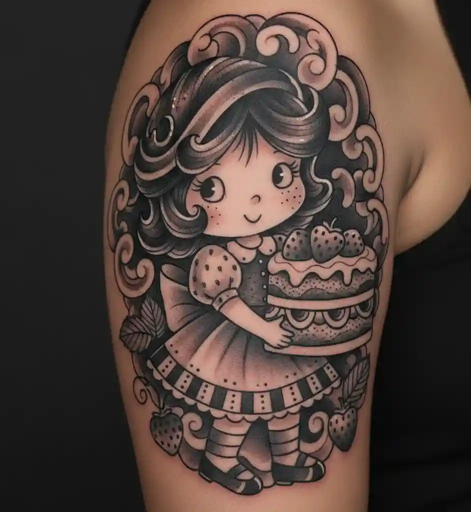 Black and Grey Strawberry Shortcake Tattoo