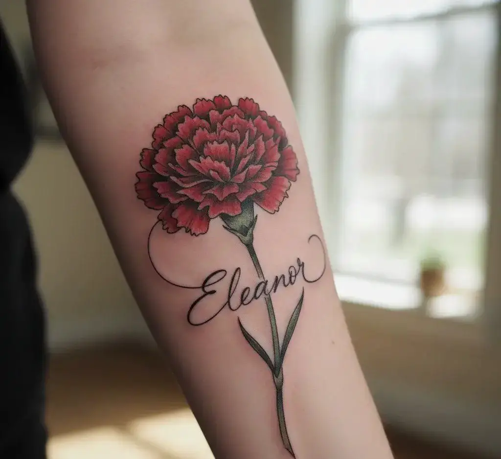 Carnation with Name Script Tattoo