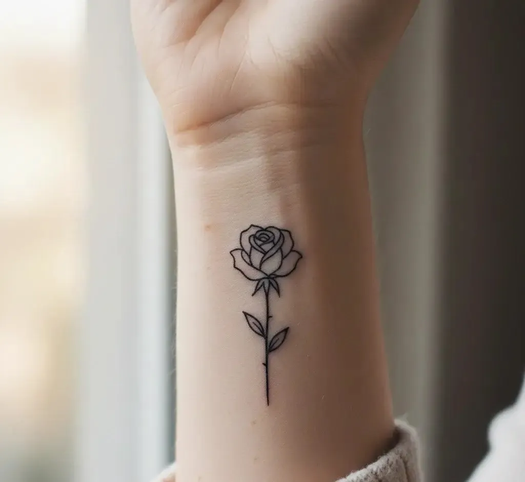 Minimal Rose Line Wrist Tattoo