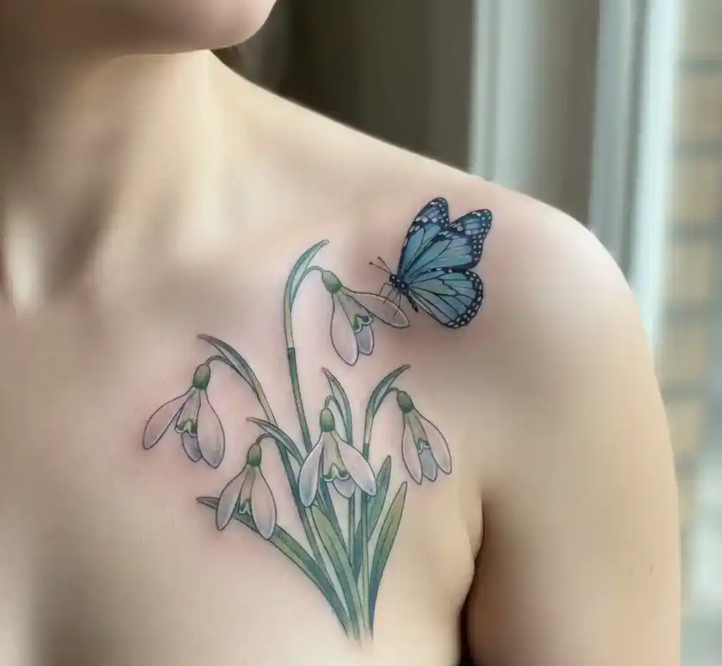 Snowdrop Flower And Butterfly Tattoo