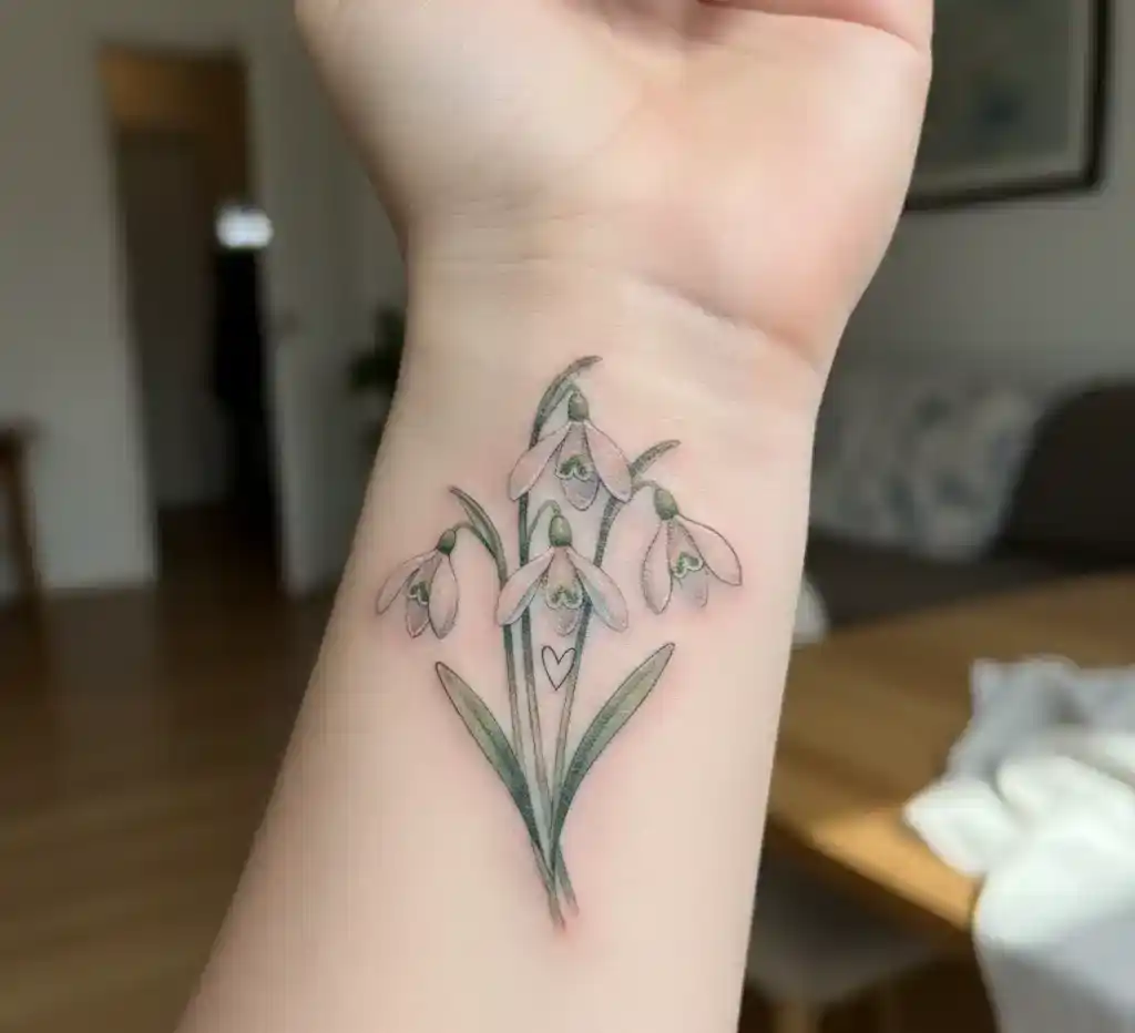 Snowdrop Flower And Heart Tattoo