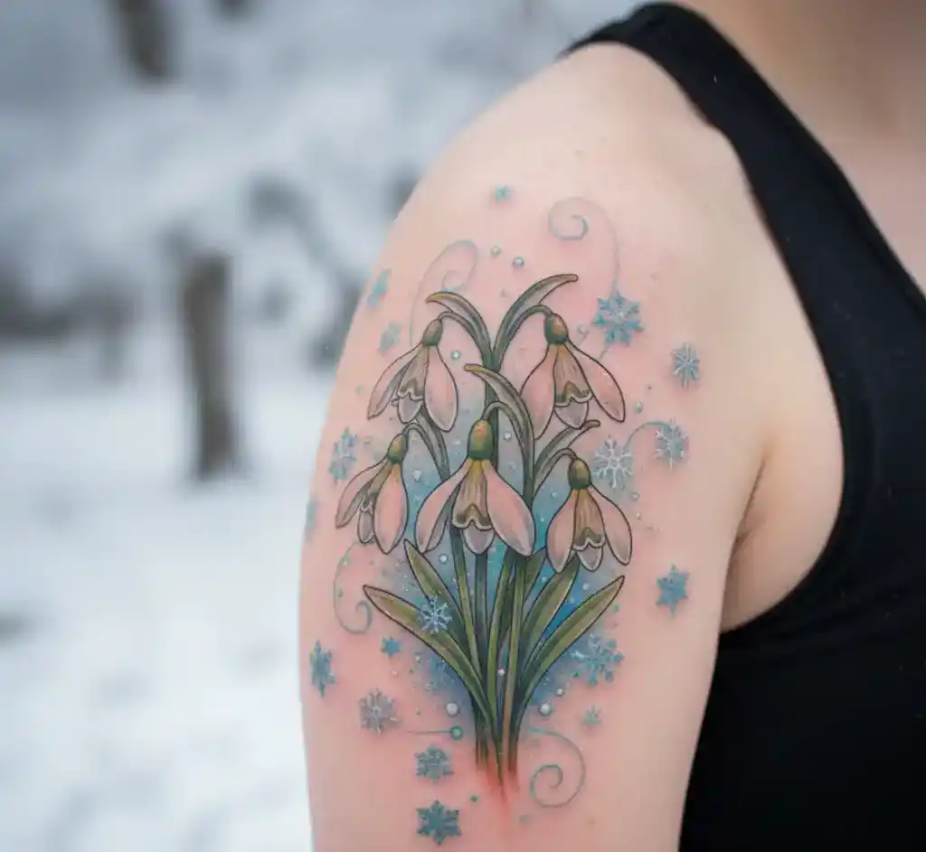 Snowdrop Flower With Snowflakes Tattoo