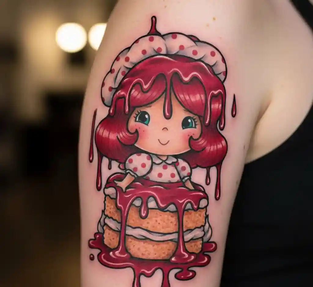 Strawberry Shortcake with Dripping Strawberry Sauce Tattoo