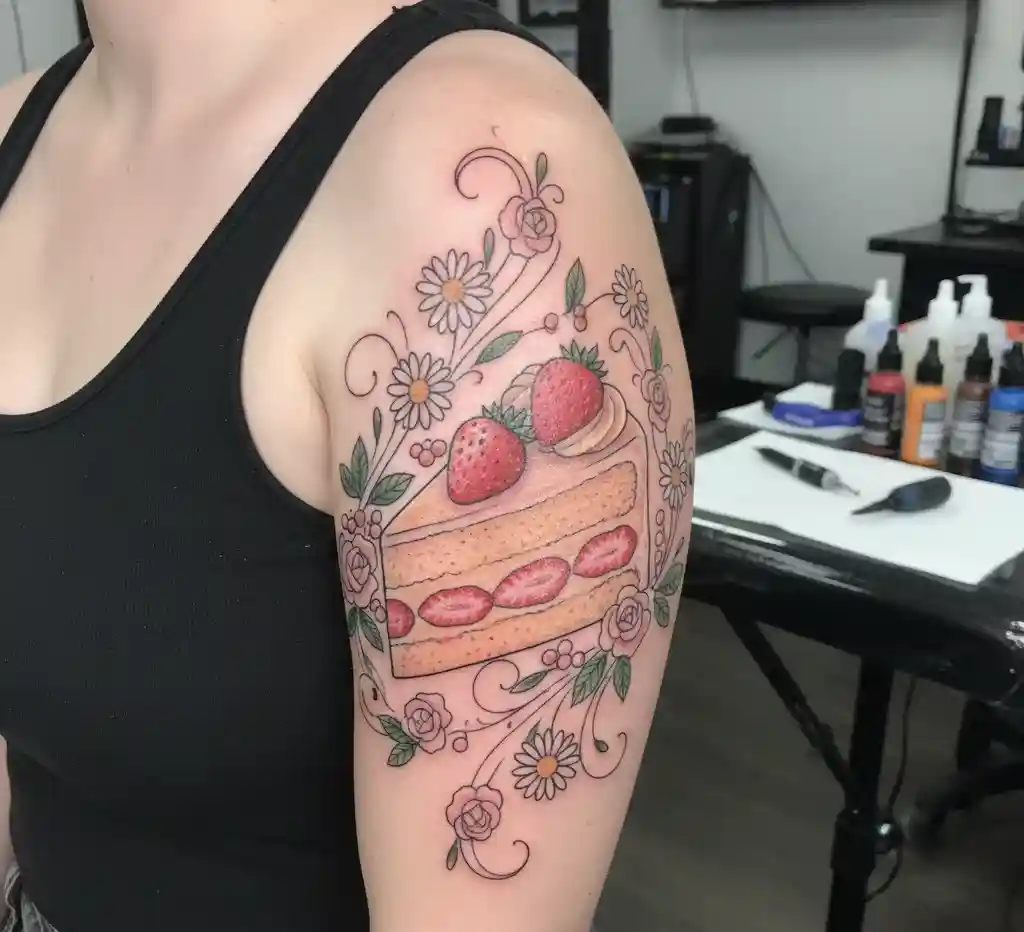 Strawberry Shortcake with Flowers Tattoo