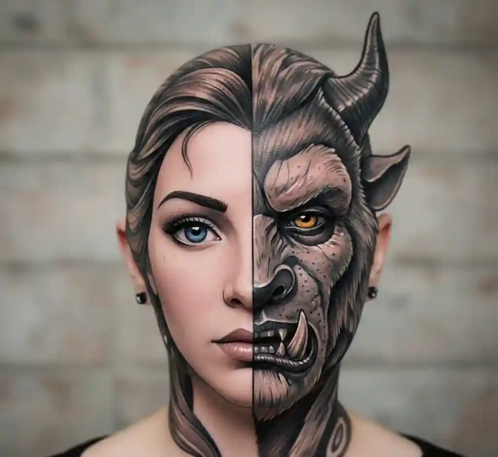 Half Face Beauty, Half Face Beast Tattoo