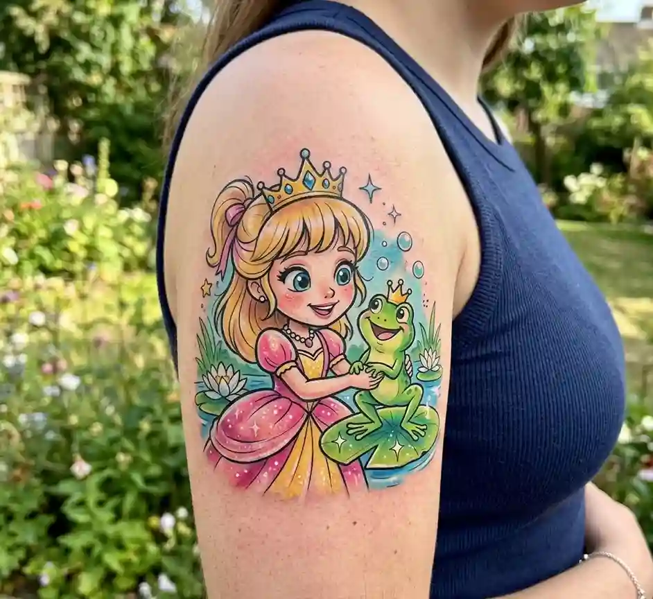 Cartoon Style Princess and Frog Tattoo