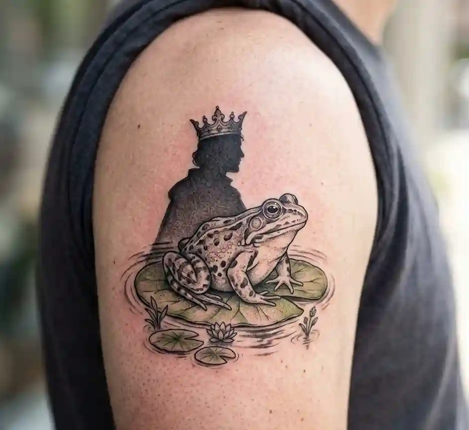 Frog on a Lily Pad with Crown Shadow Tattoo