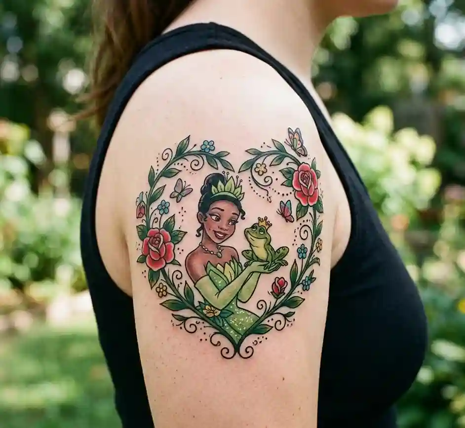 Princess and Frog Heart Frame Tattoo